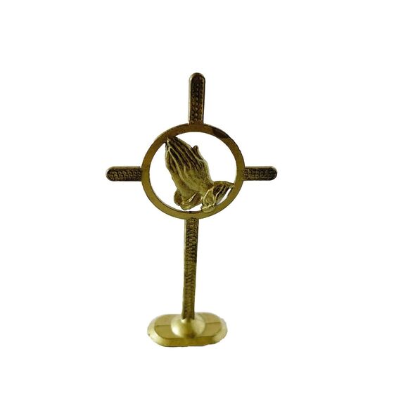 Vintage Brass Prayer Hands Cross Statuette Figure 3 Inch - Picture 1 of 5